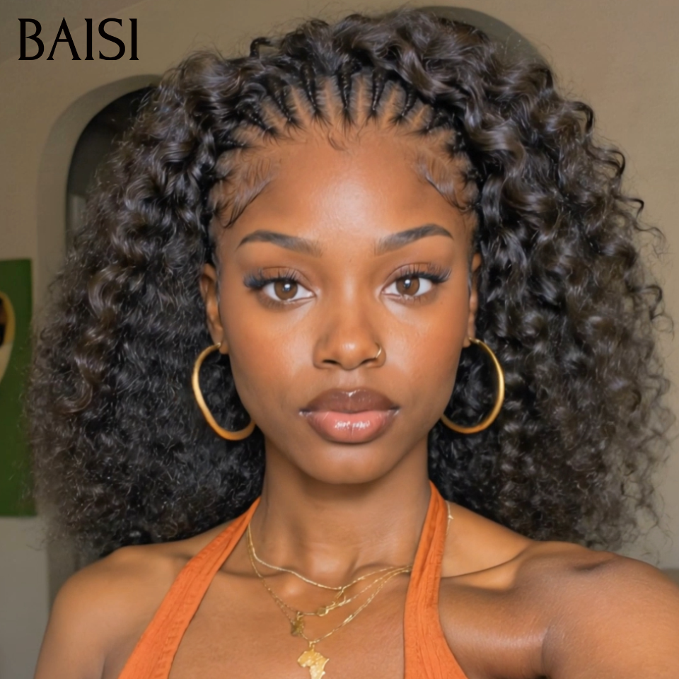 BAISI 13x4 lace Perruque Coiffée Curly Wave Bouclée Noir 1B# 10Pouces 86€ ou 14Pouces 136€ Seulement Avec Petites Nattes au devant Prêt à Porter en 100% Cheveux Humains (Copy)