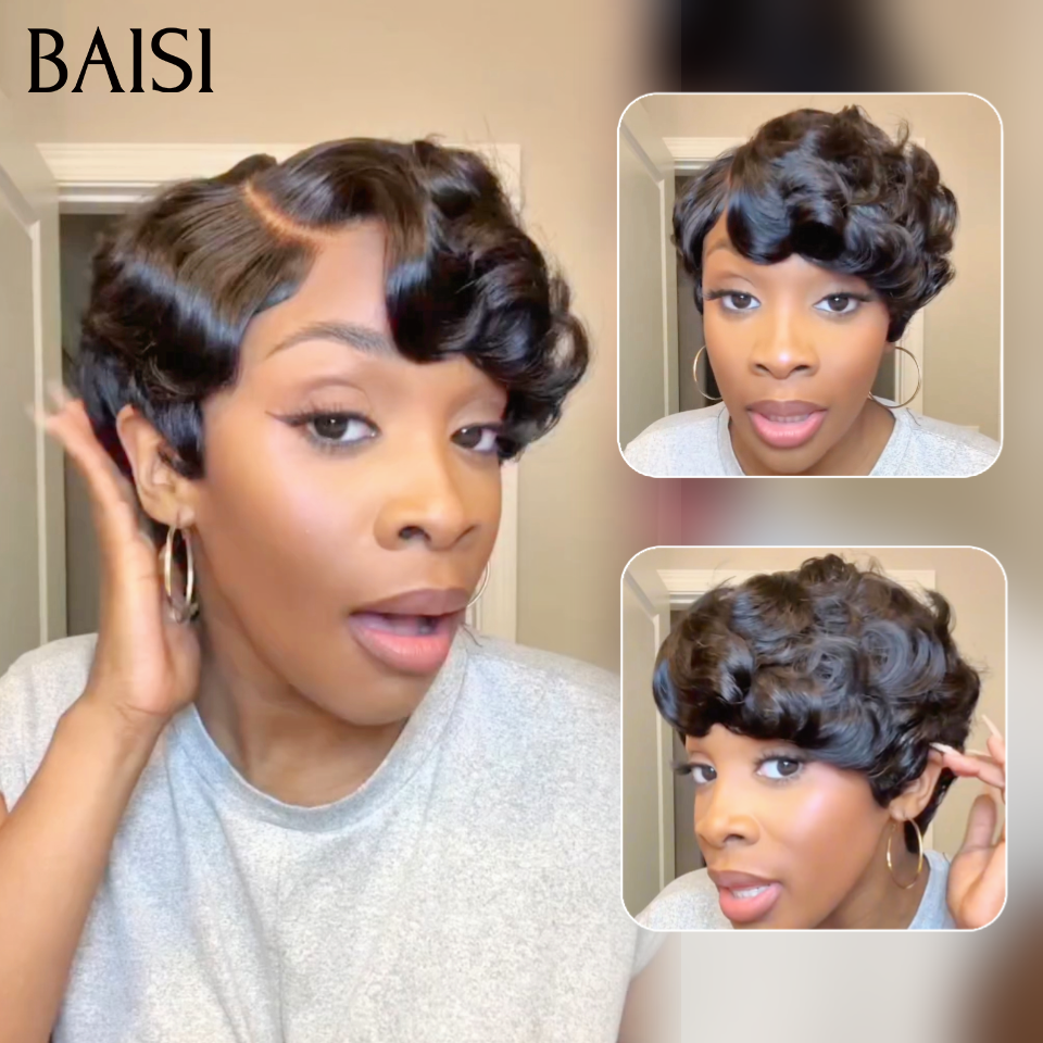 BAISI Perruque Pixie Sans Colle Sans Lace Noir Boucle en Vague D'Eau 68€ En 100M Cheveux Humains