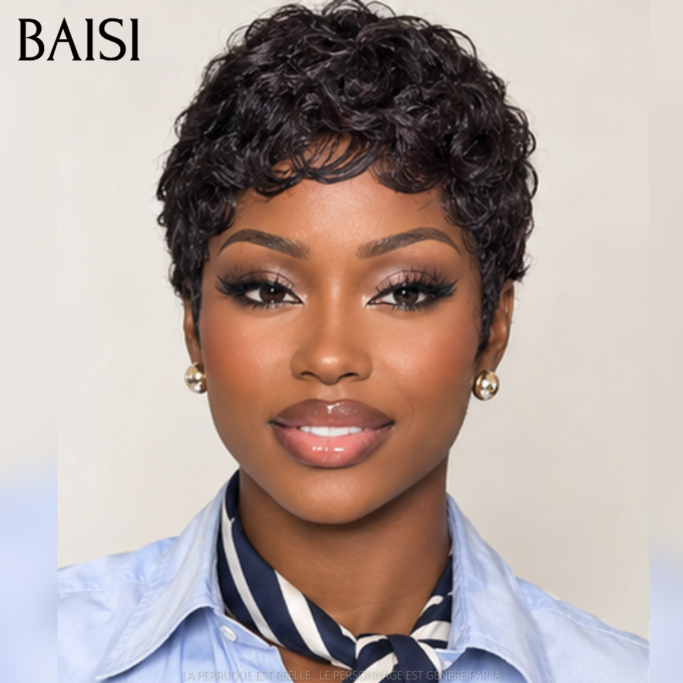 BAISI pixie 6 perruques 149€ PROMO 200% densité afro curly et lisse et finger wave sans lace sans colle en 100% Cheveux Humains fabriqué à la machine FR38