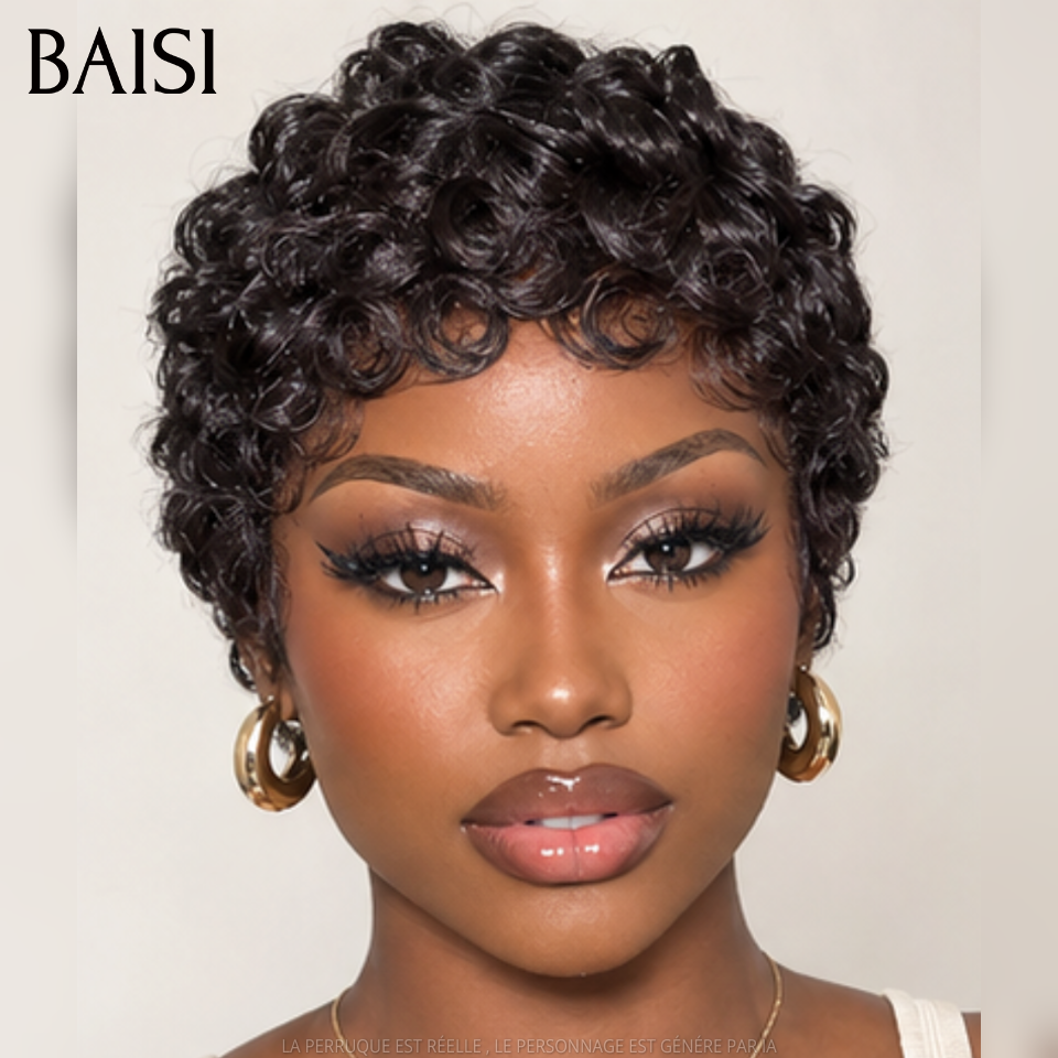 BAISI pixie 6 perruques 149€ PROMO 200% densité afro curly et lisse et finger wave sans lace sans colle en 100% Cheveux Humains fabriqué à la machine FR38