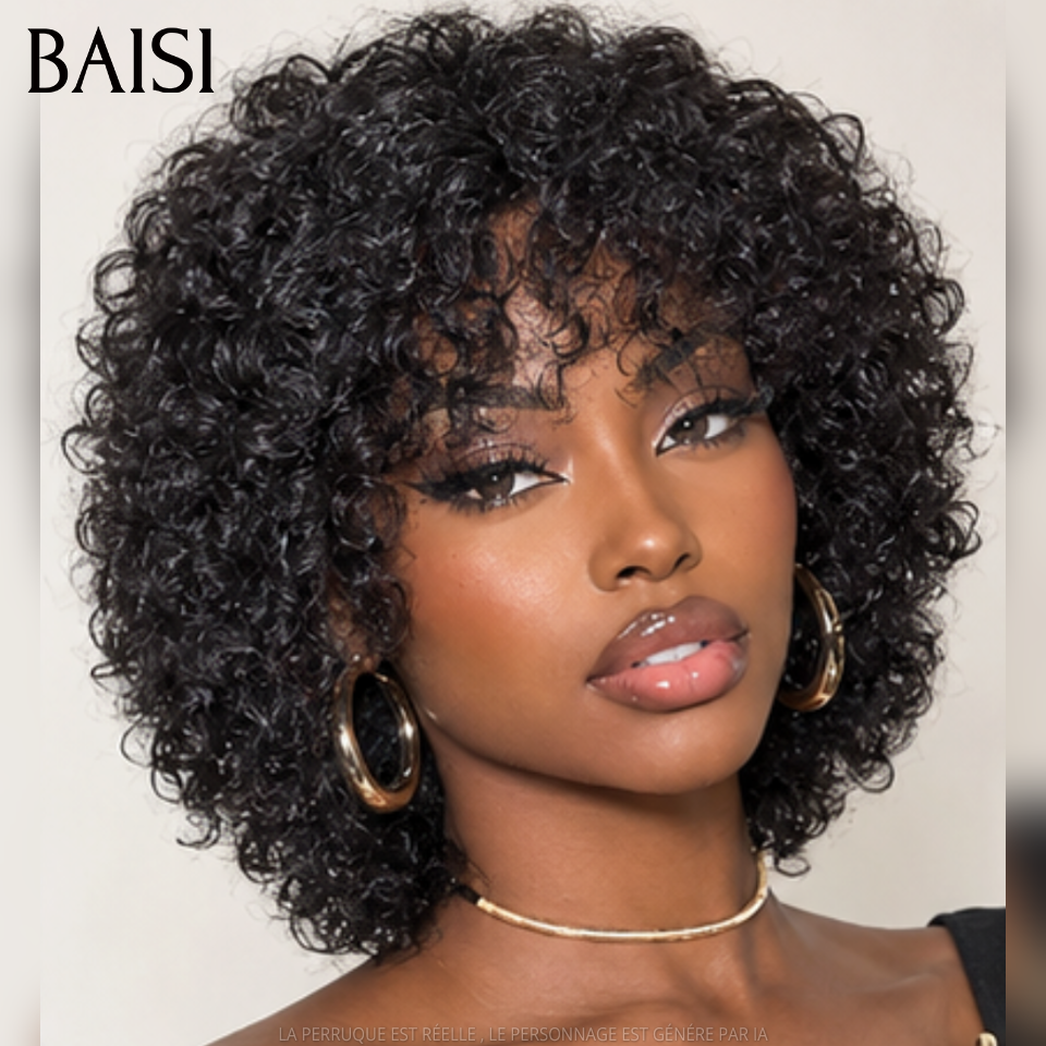 BAISI pixie 6 perruques 149€ PROMO 200% densité afro curly et lisse et finger wave sans lace sans colle en 100% Cheveux Humains fabriqué à la machine FR38