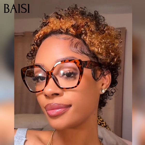 BAISI Lot 2 perruques Pixie Courte Lisse noir 1B# + Curly Marron Clair 1B/33# Petit Prix Fou 66€ Seulement Sans colle Sans Lace en 100% Cheveux Humains