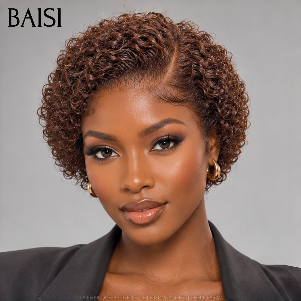 BAISI 13X4 Lace Perruque Pixie Curly Courte 69€ Couleur Marron 4# Très Bonne Qualité en 100% Cheveux Humains