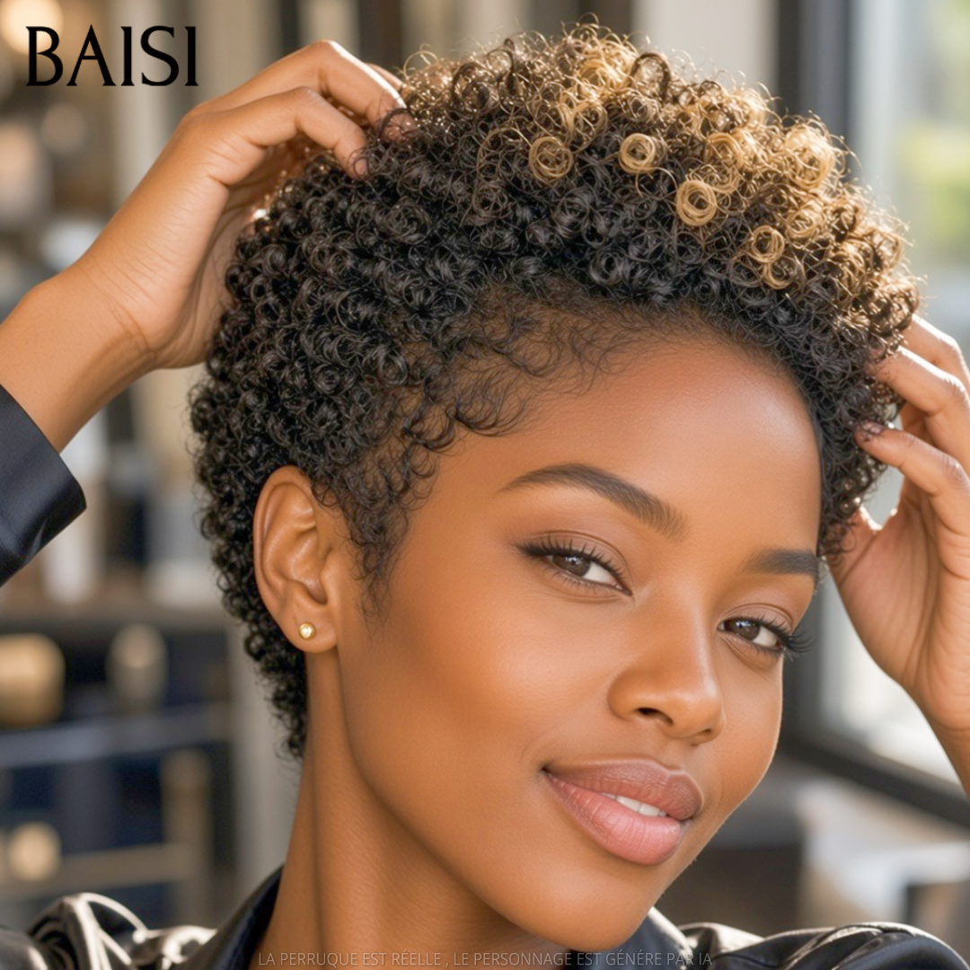 BAISI Lot de 2 Perruques Pixie Curly Noir et Miel Noir 79€ Sans Colle Sans Lace Simple et Confortable en 100% Cheveux humains