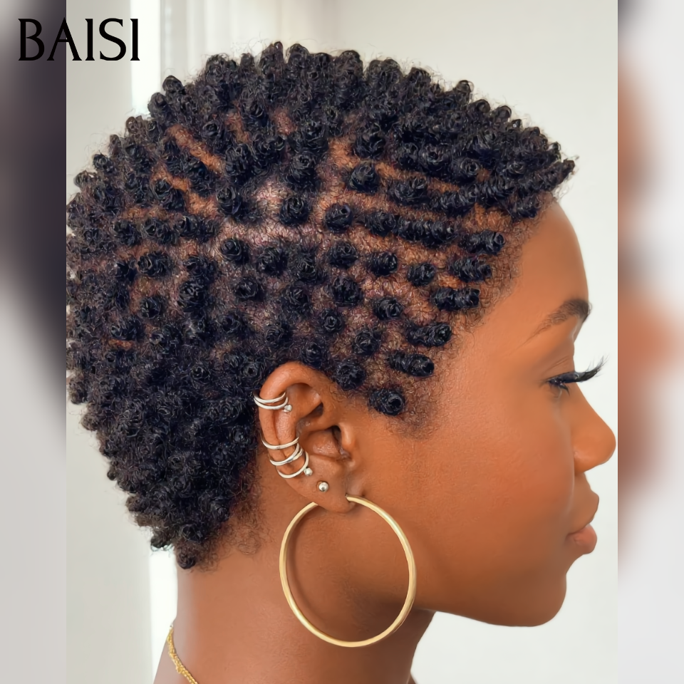 BAISI Perruque full lace courte Noir 1B# Sans Colle Sans Lace Très légère et respirante en 100% Cheveux humains