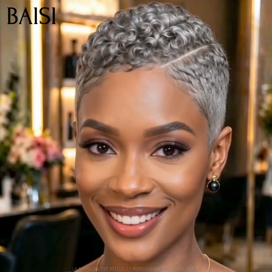 BAISI 5x5 Lace Perruque Pixie Curly Courte Sans Colle Couleur Gris 105€ Modèle Spéciale et Facile A Porter en 100% Cheveux humains