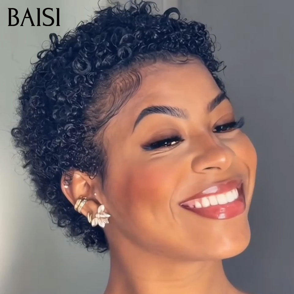BAISI Pixie Petite Coupe Curly en Lace 13x4 Frontal 75€ Seulement Prix Imbattable Modèle Unique En 100% Cheveux Humains