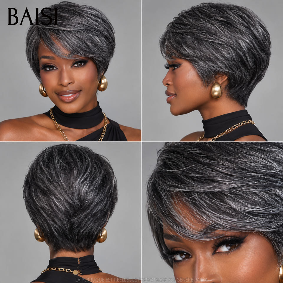 BAISI Collection Perruques Poivre et Sel pixie Lisse Gris naturelle style parisien intemporel sans colle en 100% Cheveux Humains BS30