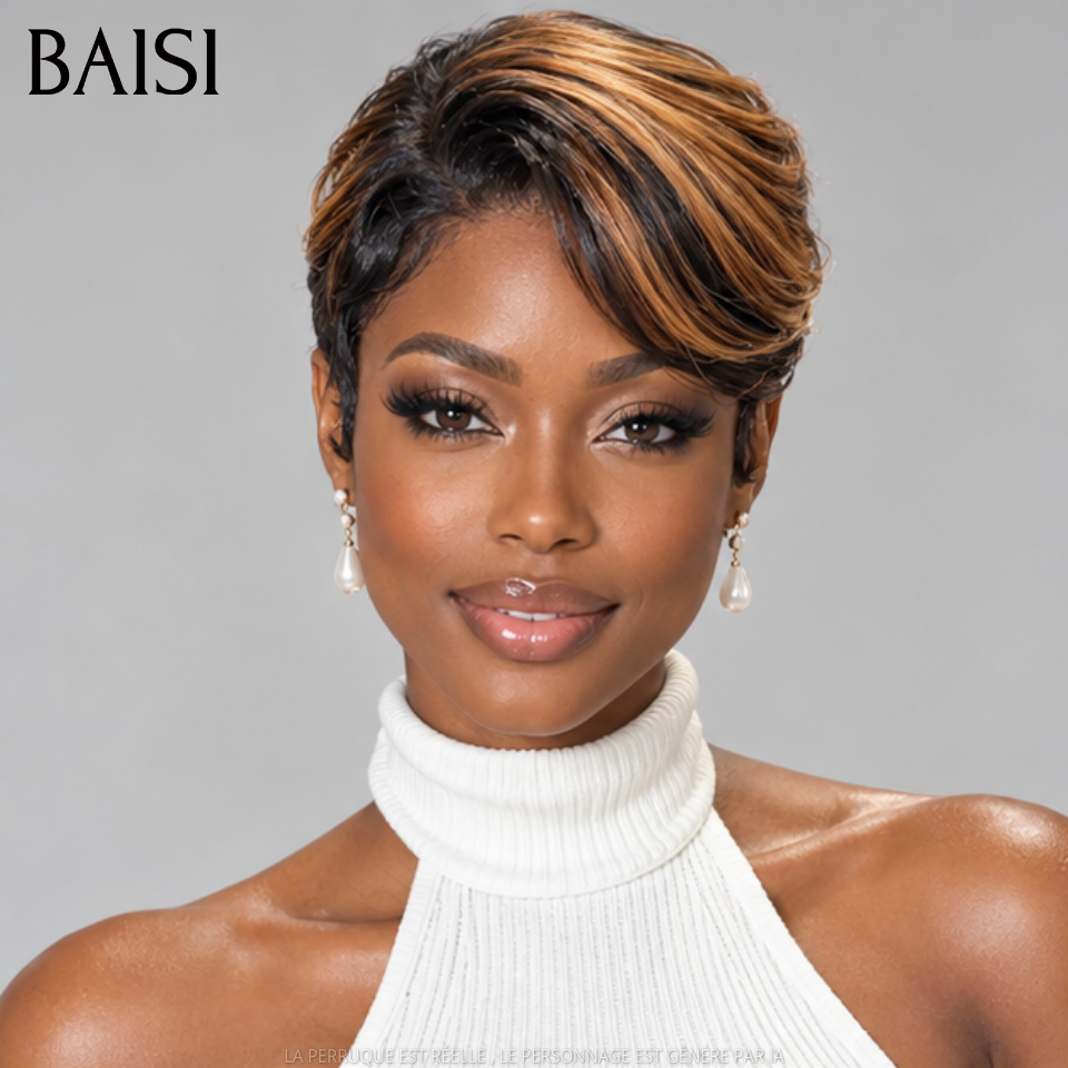 BAISI 13x4 Lace Perruque Pixie Lisse Courte 79€ Couleur Noir et Miel Elégante et Charmante en 100% Cheveux Humains