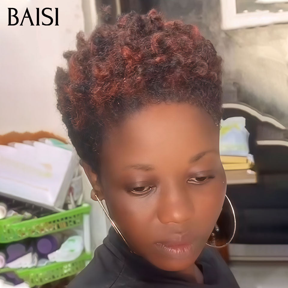 BAISI PIXIE Afro Curly Noir Marron 33# Sans Colle Sans Lace Facile A Porter 60€ Seulement en 100% Cheveux Humains