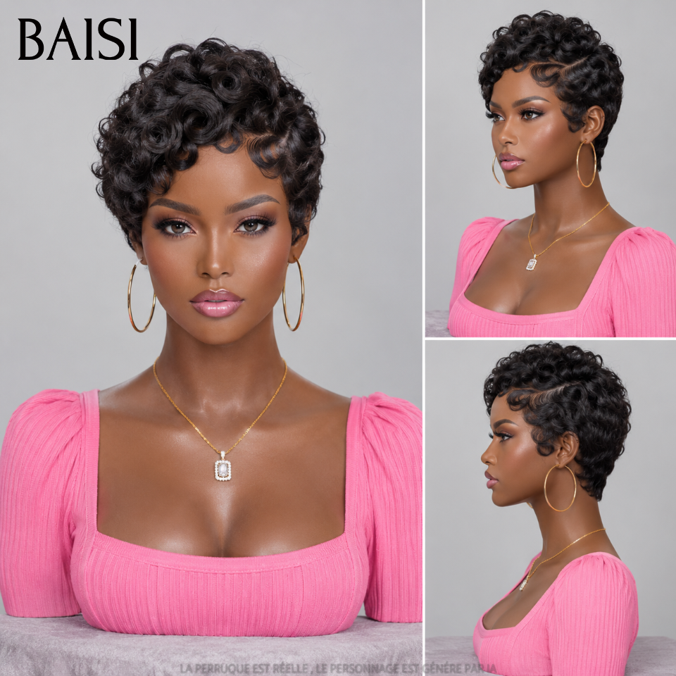 BAISI Perruque Chioma pixie Sans Colle 37€ ou 13x4 lace Frontale finger wave NOIR Moitié Prix 58€ en 100% cheveux humains