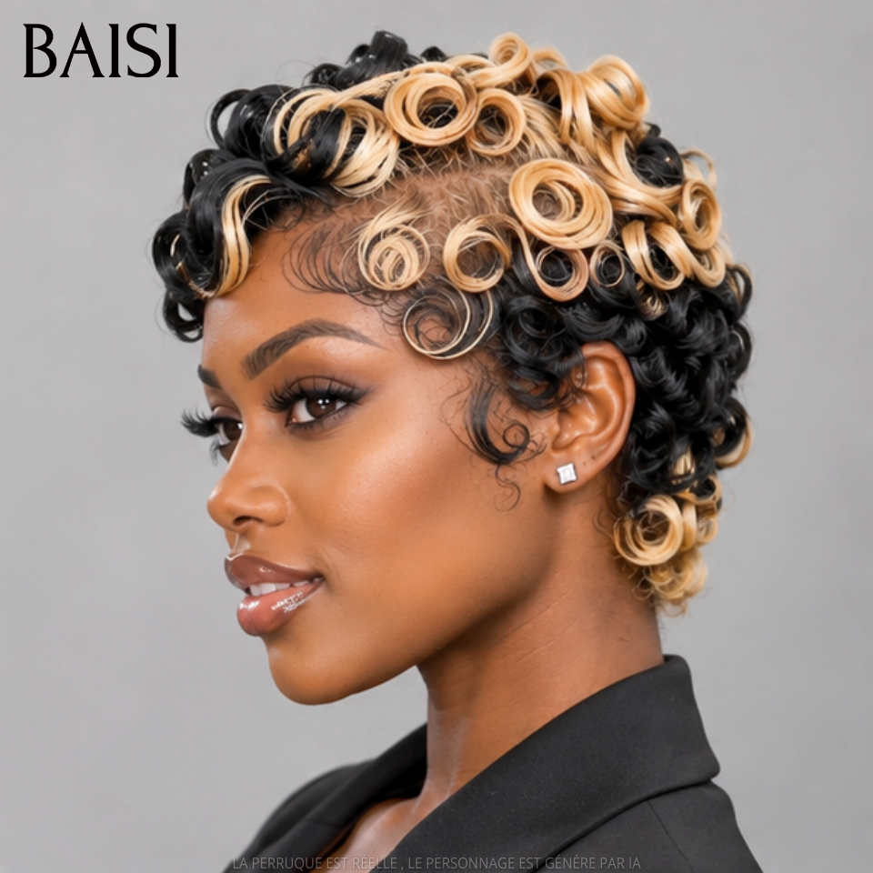 BAISI 13x4 Lace Perruque Pixie Courte Wave 89€ Couleur Noir et Miel 1B/27# Look Extra Supler Glamour en 100% Cheveux Humains