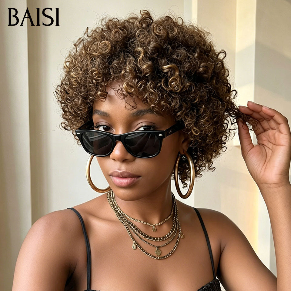 BAISI Perruque Pixie Curly Wave Couleur Marron Mixte 4/30# Sans Lace Sans Colle Facile à Porter Toute en Beauté en 100% Cheveux humains