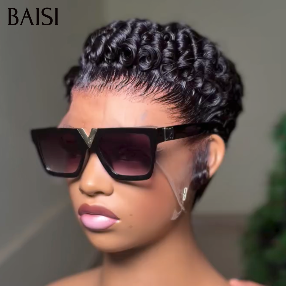 BAISI 13x4 Lace Perruque Pixie Wave Déjà Coiffée 84€ Couleur Marron Noir 1B# Style Moderne en 100% Cheveux humains