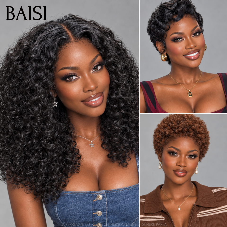 BAISI Vente En Gros 3 Perruques Mélangées Curly Wave Noir et Marron 14 Pouces et 6 Pouces En Soldes en 100% Cheveux humains Déjà En France Livraison 48H