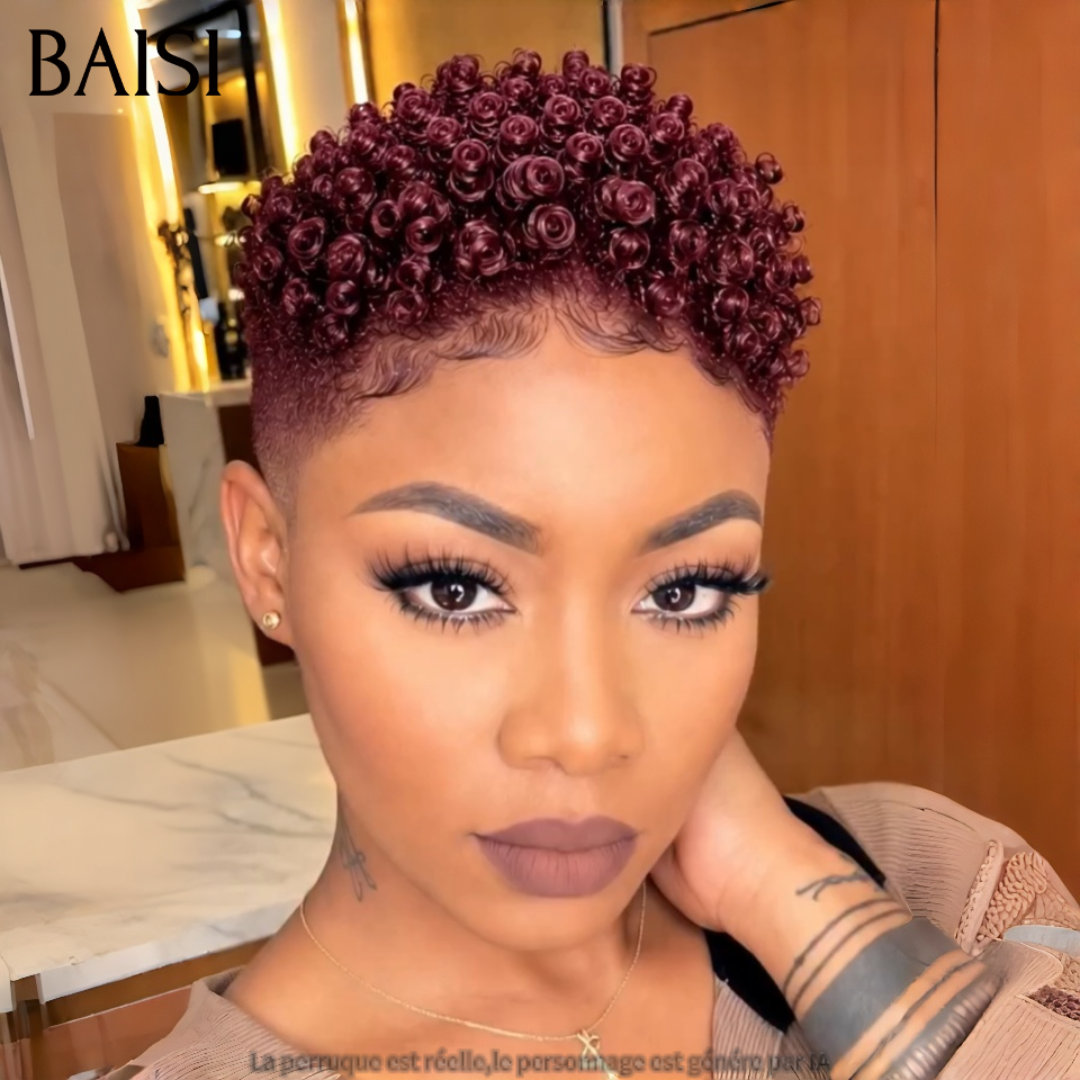 BAISI Perruque Pixie Afro Curly Rouge Bordeaux 75€ Sans Colle Sans Lace Coupe Masculine Osante en 100% Cheveux humains