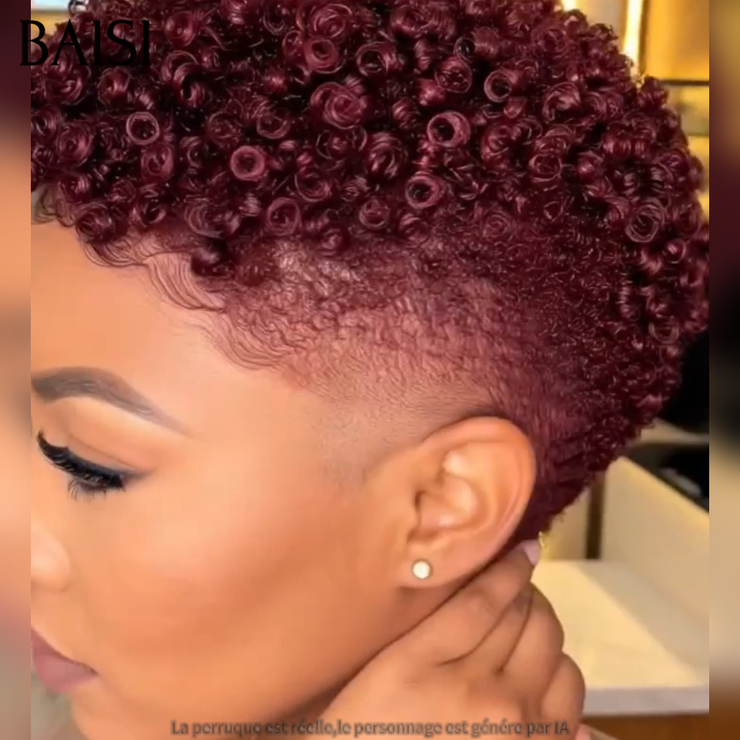 BAISI Perruque Pixie Afro Curly Rouge Bordeaux 75€ Sans Colle Sans Lace Coupe Masculine Osante en 100% Cheveux humains