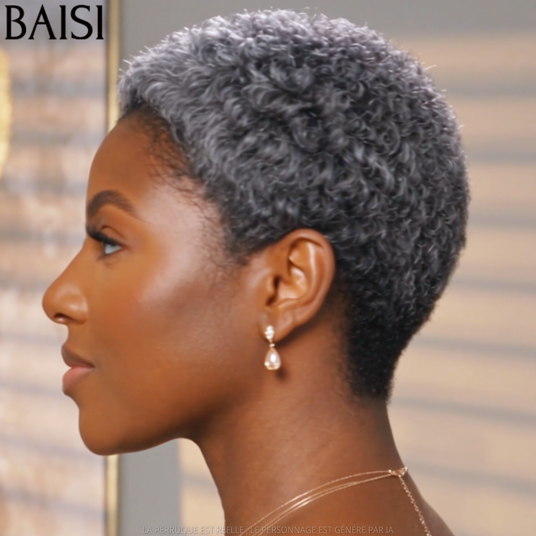 BAISI Perruque Pixie Frisée Afro Courte Gris Collection Poivre et Sel 78€ Sans Colle Sans Lace Excellente Cadeaux de Grand Mère en 100% Cheveux humains