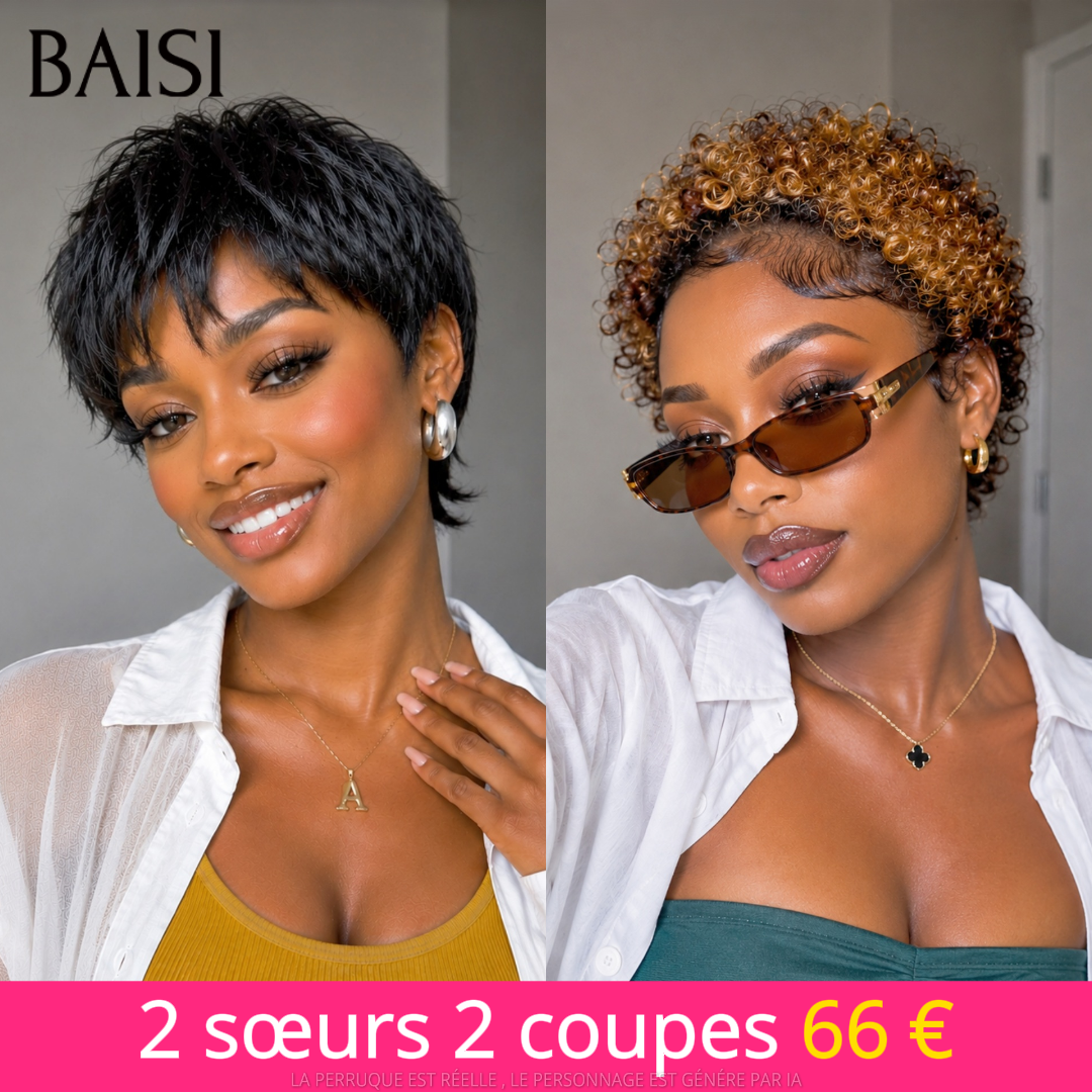 BAISI Lot 2 perruques Pixie Courte Lisse noir 1B# + Curly Marron Clair 1B/33# Petit Prix Fou 66€ Seulement Sans colle Sans Lace en 100% Cheveux Humains
