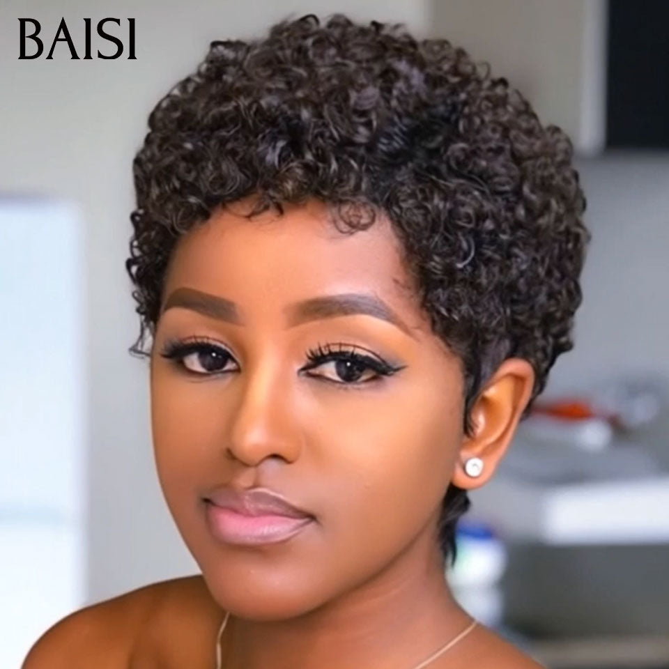 BAISI Perruque pixie afro curly wave OFFRE FLASH Sans Lace Sans Colle 45€ NOIR Petite boucle craquante en 100% Cheveux Humaind