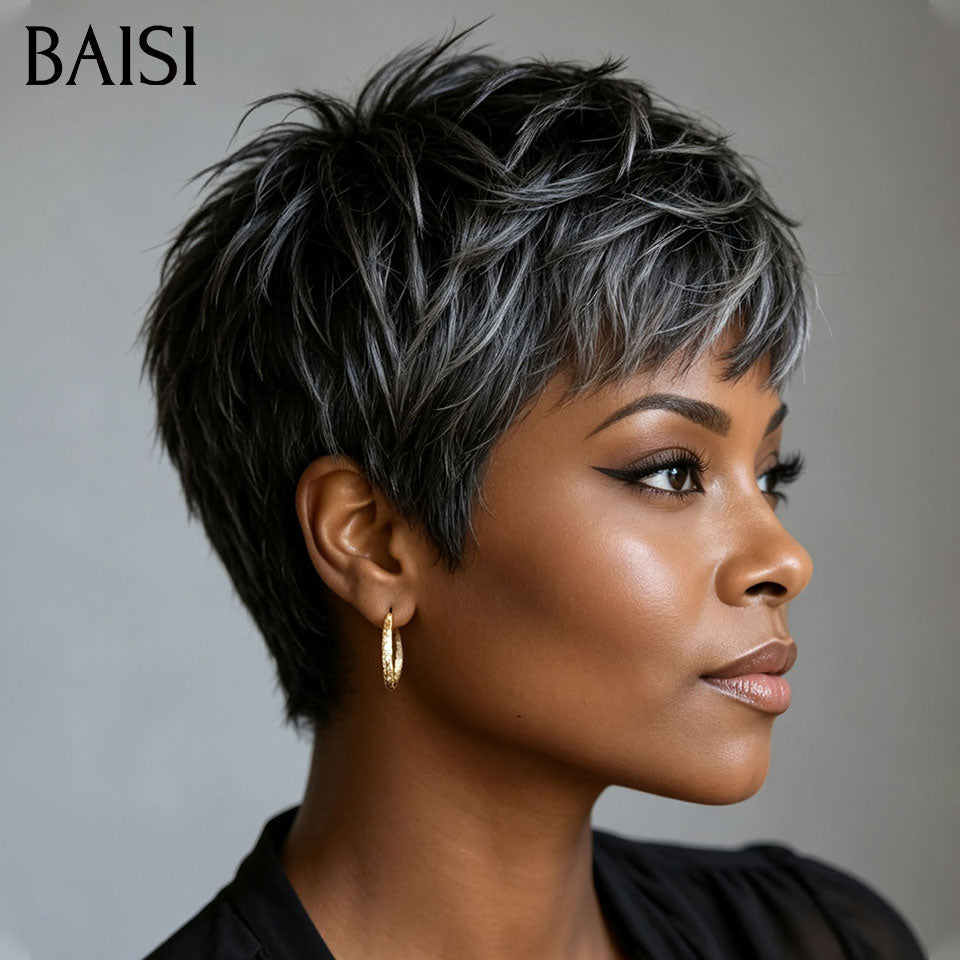 BAISI Perruque Pixie Lisse Coupe Effilée Gris style contemporain sans colle Sans Lace en 100% Cheveux Humains BS30
