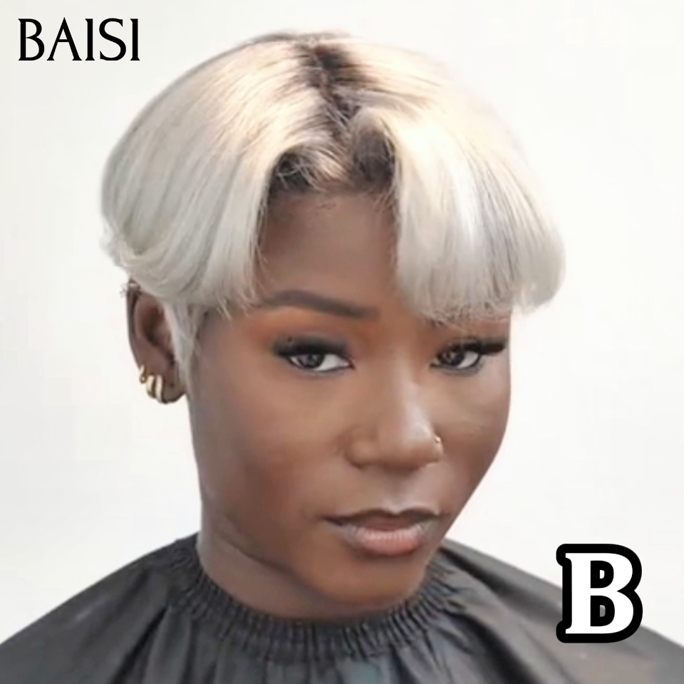 BAISI 13x4 Lace Perruque Coiffée Pixie Courte Deja Prête A Porter 109€ Couleur Blanc Crème 1B#60 Racine Noir Look Original en 100% cheveux humains