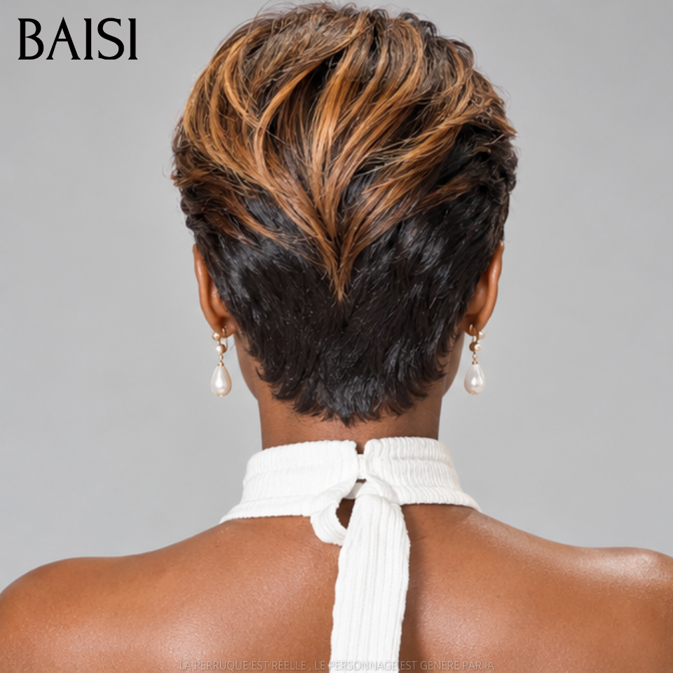 BAISI 13x4 Lace Perruque Pixie Lisse Courte 79€ Couleur Noir et Miel Elégante et Charmante en 100% Cheveux Humains