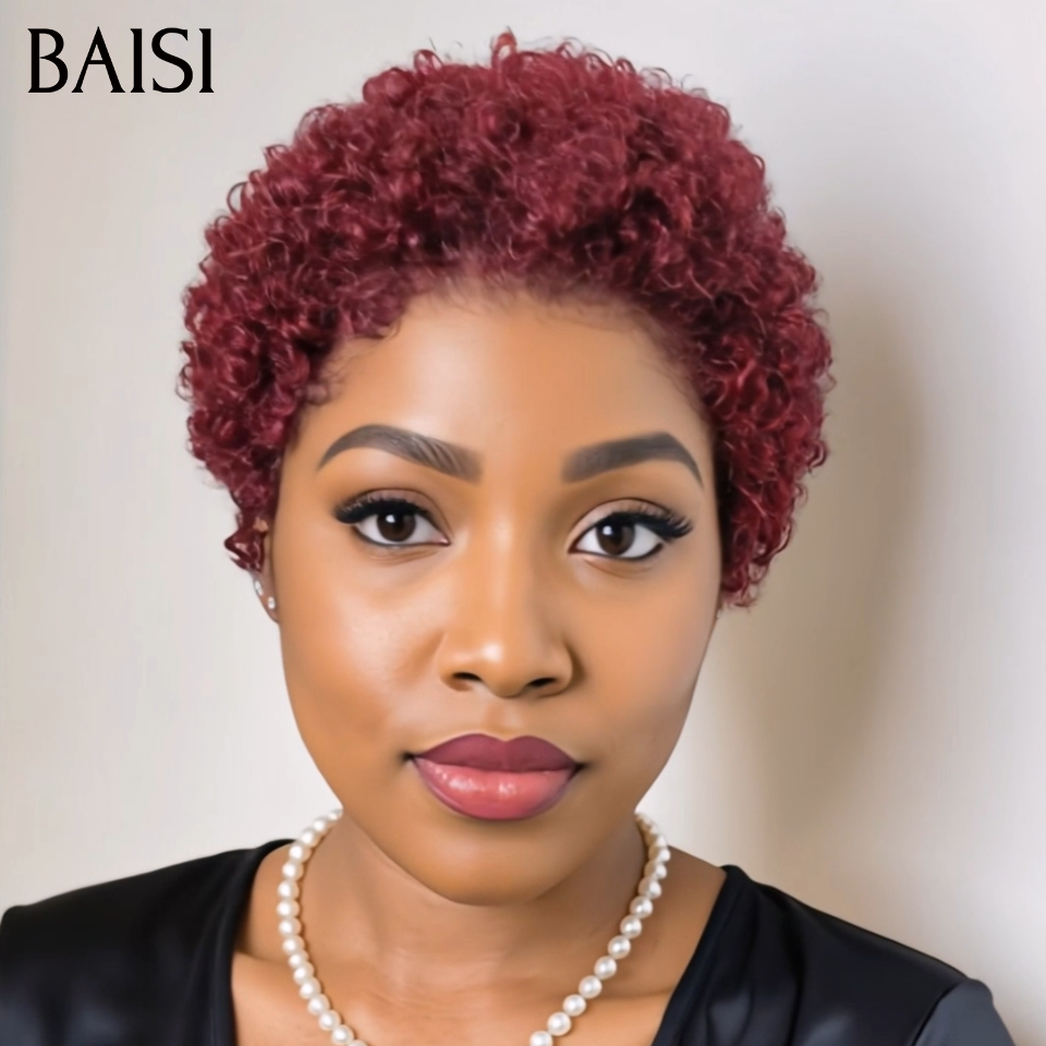 BAISI Pixie Afro Curl Rouge Bordeaux 99J# Prix Cassé 45€ Modèle Sans Colle Sans Lace Facile à Porter En 100% Cheveux Humains
