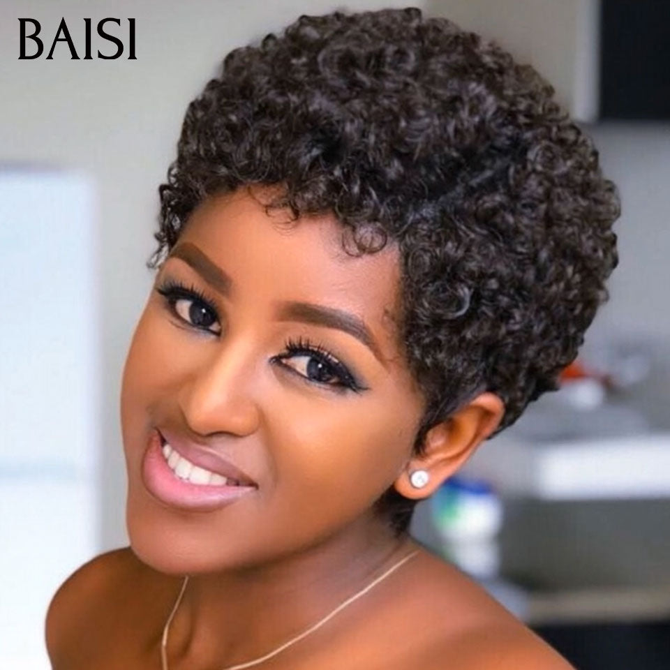 BAISI Perruque pixie afro curly wave OFFRE FLASH Sans Lace Sans Colle 45€ NOIR Petite boucle craquante en 100% Cheveux Humaind