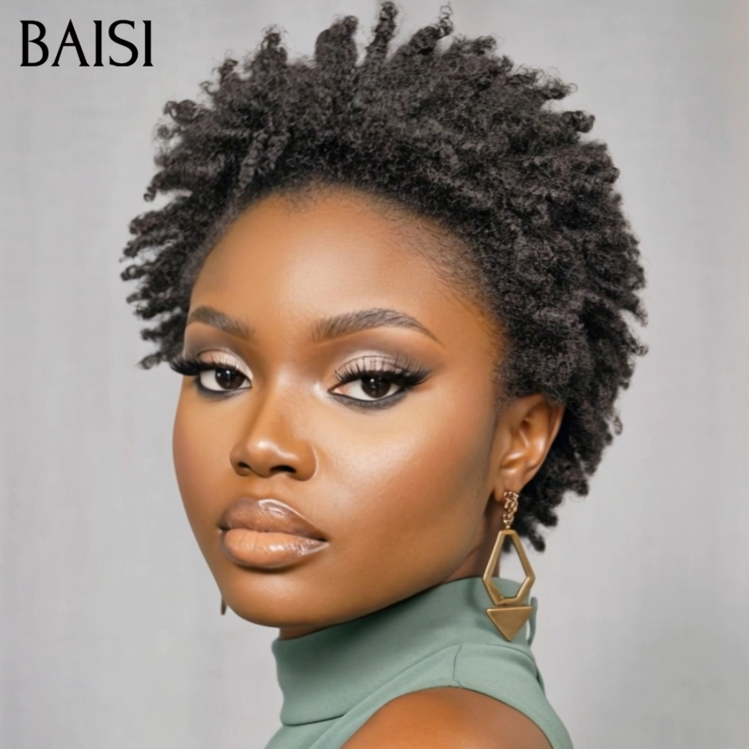 BAISI 13x4 lace Perruque Pixie Afro Curl 78€ en couleur Noir Magnifique Boucle en 100% Cheveux Humains