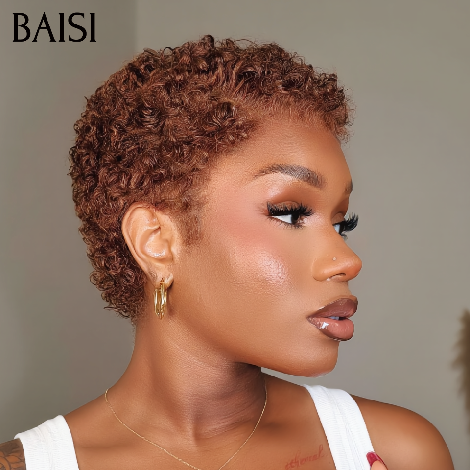 BAISI 13x4 LAce Pixie Afro Curly Couleur Marron 4# 66€ Petite Coupe Elégante et Charmante Pour l'Eté En 100% Cheveux Humains