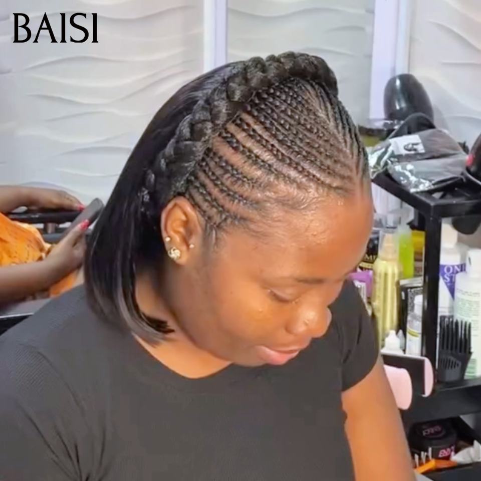 BAISI 13x4 Lace Perruque BOB Déjà Coiffée Prête à Porter Avec Natte Naturelle Carré Lisse 10Pouces à Style Authentique en 100% Cheveux Humains