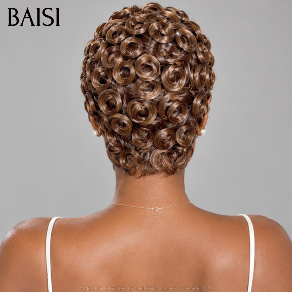 BAISI 13x4 Lace Perruque Pixie Curly Wave 79€ Couleur Marron #4 Nouveautés 2026 en 100% Cheveux humains