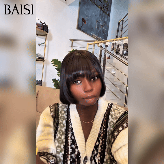 BAISI BLACK FRIDAY Offre limitée lace closure 4x4 Perruque 10 Pouces Lisse 1BT4# ou Lisse avec Frange 8 Pouces NOIR en 100% Cheveux Humains