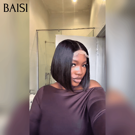 BAISI BLACK FRIDAY Offre limitée lace closure 4x4 Perruque 10 Pouces Lisse 1BT4# ou Lisse avec Frange 8 Pouces NOIR en 100% Cheveux Humains