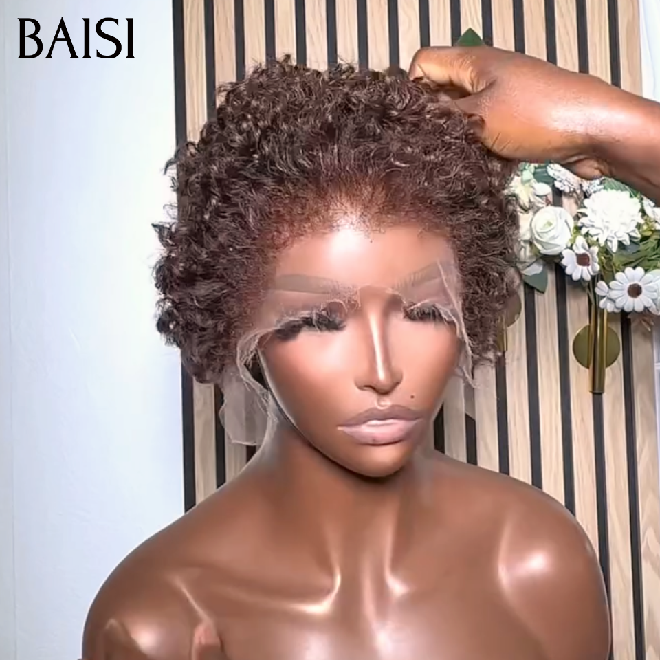 BAISI 13x4 Lace Perruque Pixie curly wave Marron 60€ Ou 2Perruques Pixie 76€ Couleur Disponible Noir 79€ Ou Mixte ou Achetez 1 + 1 Gratuite = 136€ bob deep wave avec Frange en couleur 1B et 99J# ou 2 Perruques Pixie 118€ En 100% Cheveux Humains