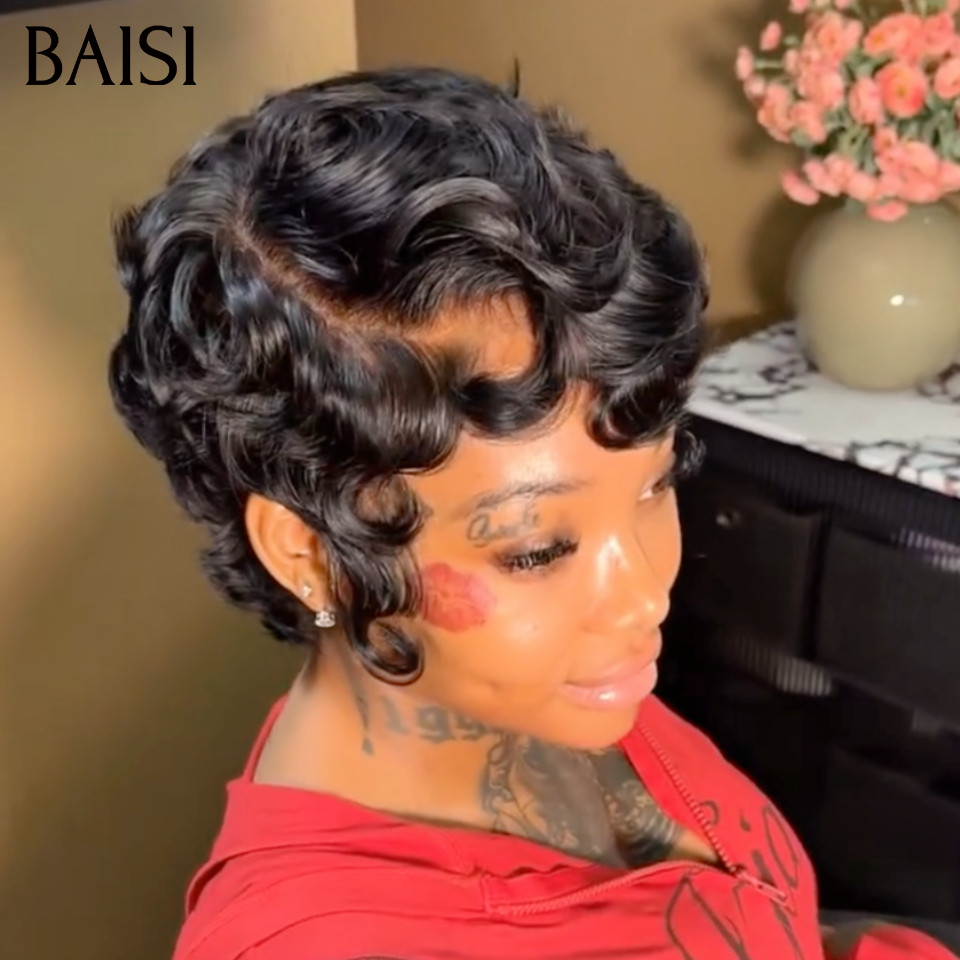 BAISI 13X4 lace Perruque Pixie Vague Elégante 6 Pouces Curly wave Noir 55€ Seulement en 100% Cheveux Humains
