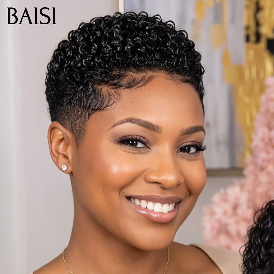 BAISI 13x4 Lace Perruque Déjà Coiffée Pixie Curly Courte Noir 74€ Seulement Coupe Garçon 100% Identique Déjà Prête A Porter en 100% Cheveux humains