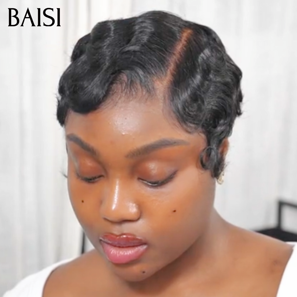BAISI Full Lace Perruque Coiffée Pixie Courte Wave 139€ Coupe Légère Et Moderne Contre Chaleur 100% Identique en En 100% Cheveux humains