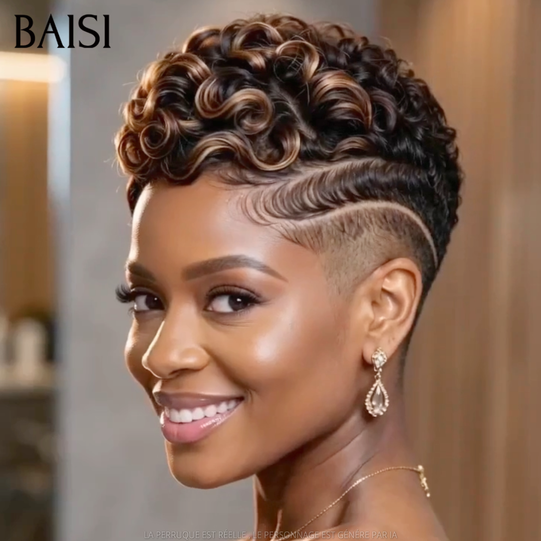 BAISI Perruque Pixie Lisse Noir Ombré Marron 1B/4# 68€ Sans Colle Sans Lace Couleurs Trois Tons Original en 100% Cheveux humains