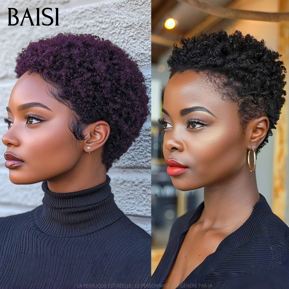 BAISI 2 Courtes 75€ pixie afro Sans Colle ou 2 Perruques sans colle Body wave et curly wave 18 pouces en 100% vrais cheveux humains VIP150