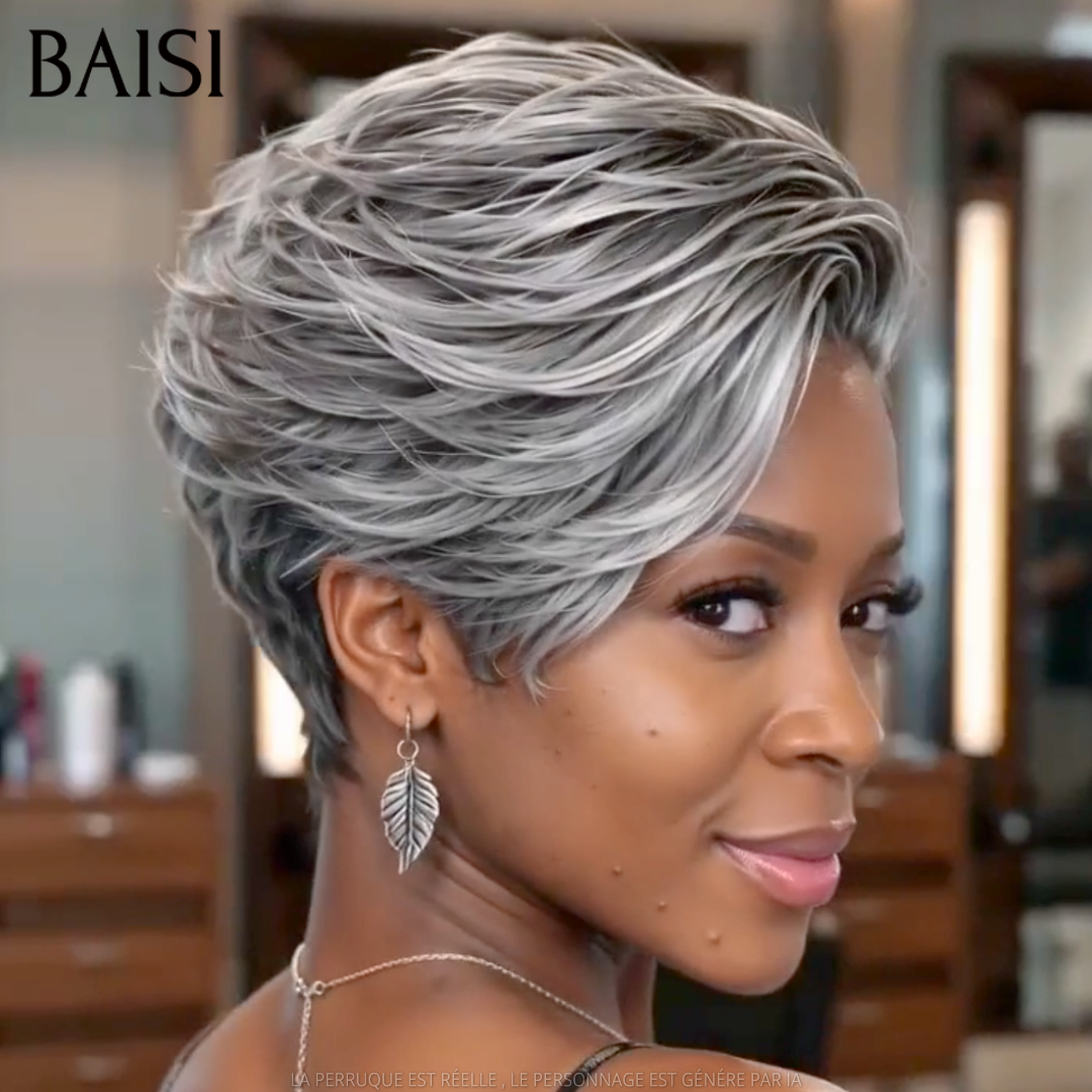 BAISI 13x4 Lace Perruque Pixie Lisse Courte Gris Collection Poivre et Sel 118€ Rajeûnissante en 100% Cheveux humains