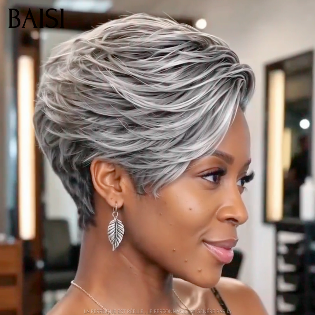 BAISI 13x4 Lace Perruque Pixie Lisse Courte Gris Collection Poivre et Sel 118€ Rajeûnissante en 100% Cheveux humains