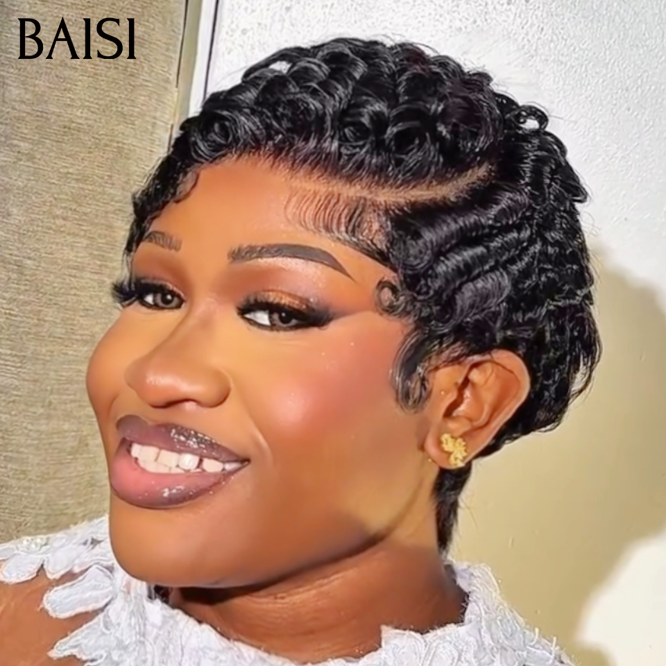 BAISI Offre Flash 13x4 Lace Perruque Pixie Finger Wave petite coupe En Frontal 60€ Ou Sans Lace 38€ Fabriqué à la machine En 100% Cheveux Humains B