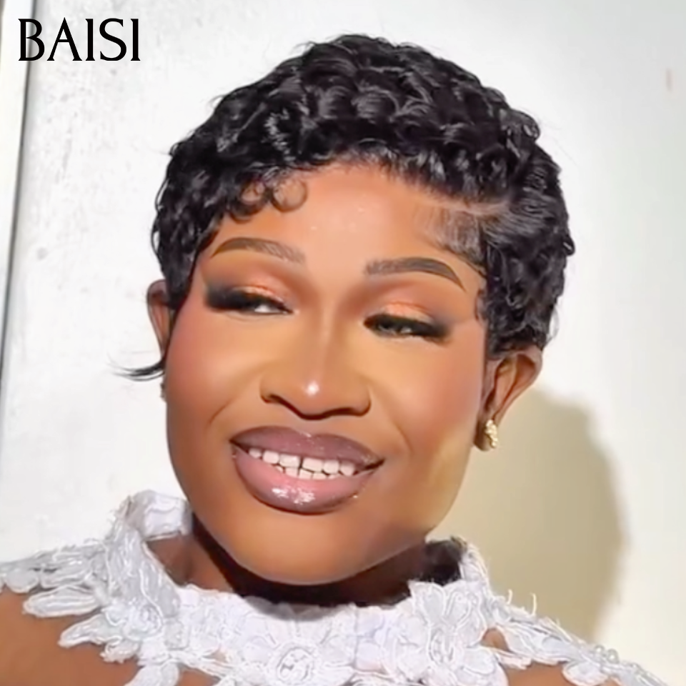 BAISI Offre Flash 13x4 Lace Perruque Pixie Finger Wave petite coupe En Frontal 60€ Ou Sans Lace 38€ Fabriqué à la machine En 100% Cheveux Humains B