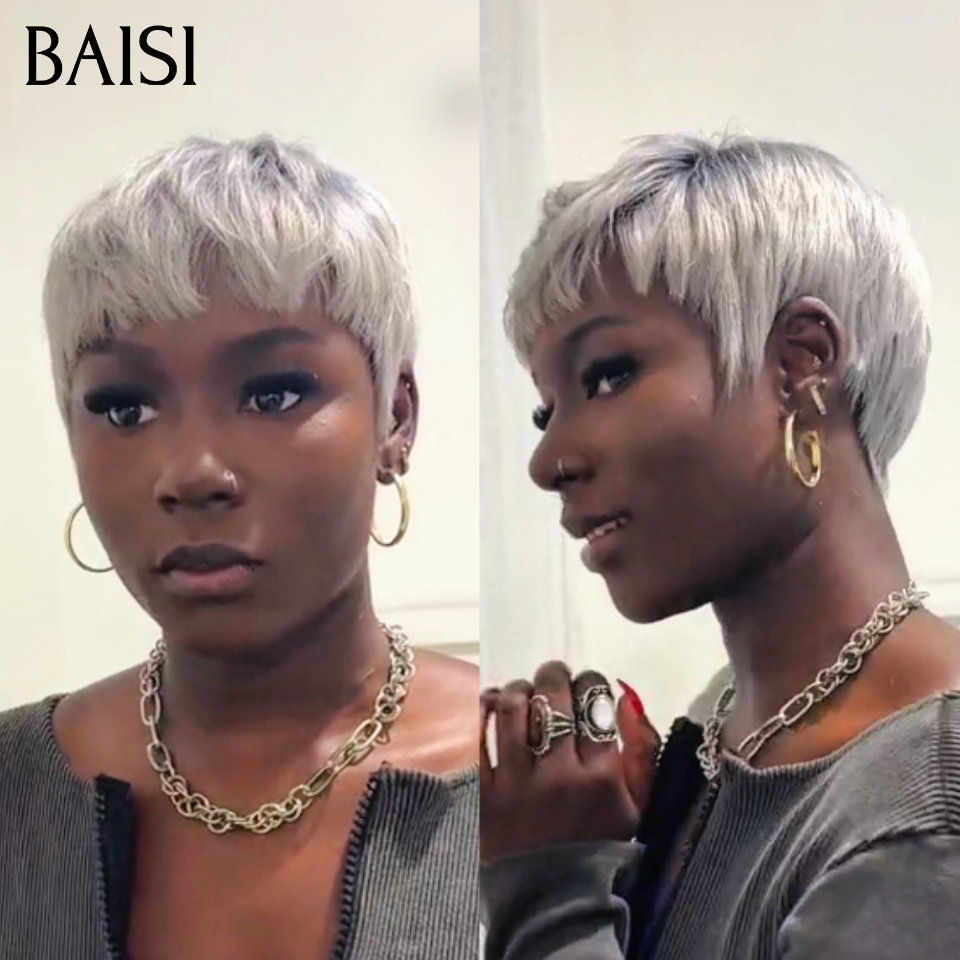 BAISI 13x4 Lace Perruque Pixie Courte Grise Lisse 99€ Pratique et Confort Ou Perruque Lisse DE luxe Bob 2x6 Lace 100% Vietnam Hair en Couleurs personnalisées SDD BONE STRAIGHT 10 Pouces 100€ En 100% Vrais Cheveux Humains