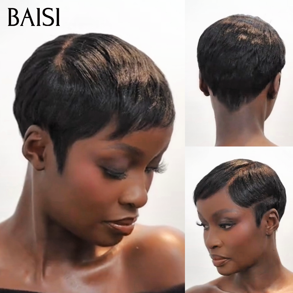 BAISI Perruque Full Lace Pixie Lisse Noir 129€ Ultra Confortable et Contre Chaleur Ou Perruque BOB kinky curly Bandeau Frisée Curly Fabriquée A La Machine sans lace sans colle 75€ En 100% Cheveux Humains