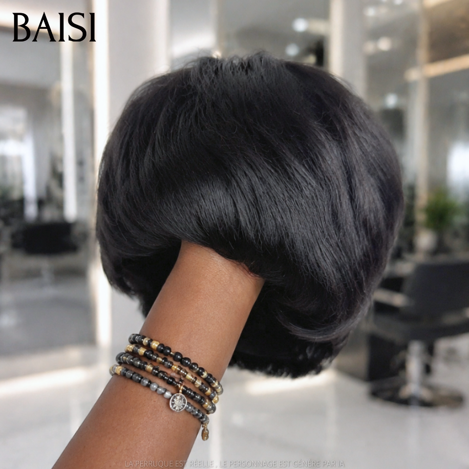 BAISI Perruque Pixie Petite Coupe Lisse Noir 1B# 49€ Sans Colle Sans Lace 100% Identique Meilleure Vente en 100% Cheveux humains