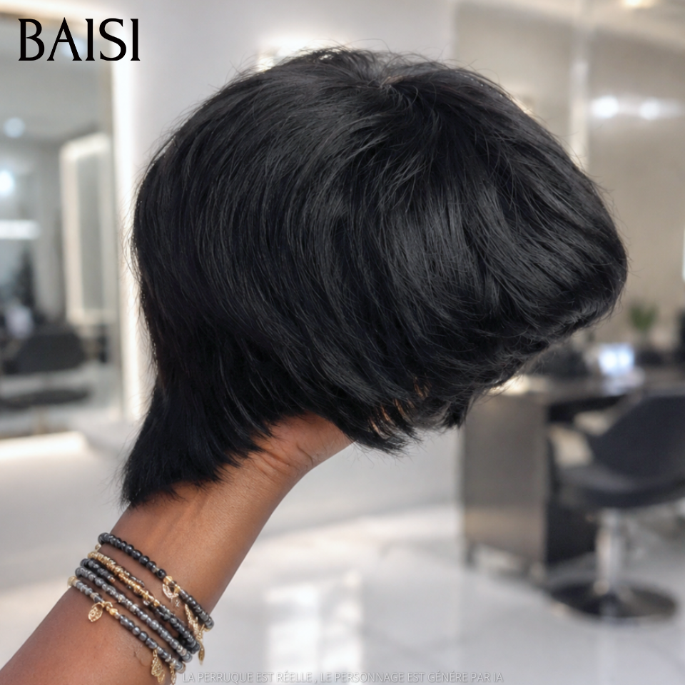 BAISI Perruque Pixie Petite Coupe Lisse Noir 1B# 49€ Sans Colle Sans Lace 100% Identique Meilleure Vente en 100% Cheveux humains