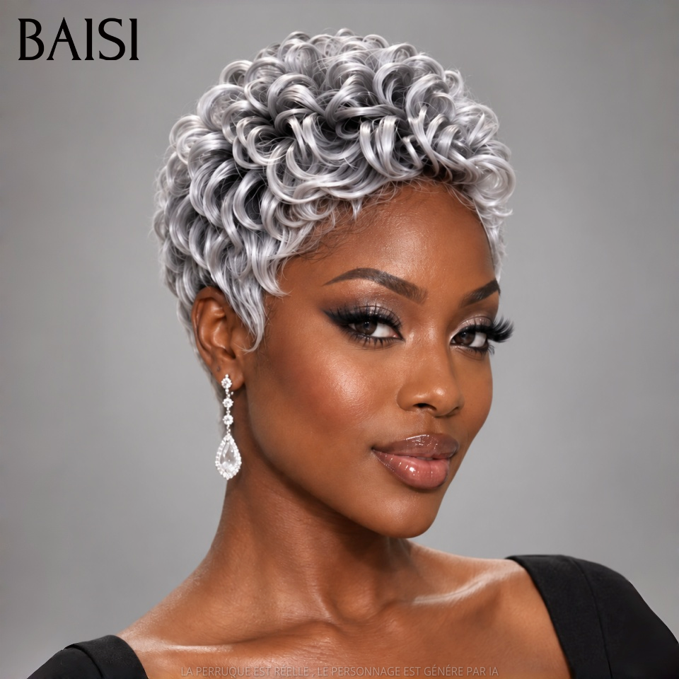 BAISI Perruque Pixie Wave Courte Couleur Gris# 89€ Sans Colle Sans Lace Pratique Au Quotidien de Grand Mère en 100% Cheveux humains